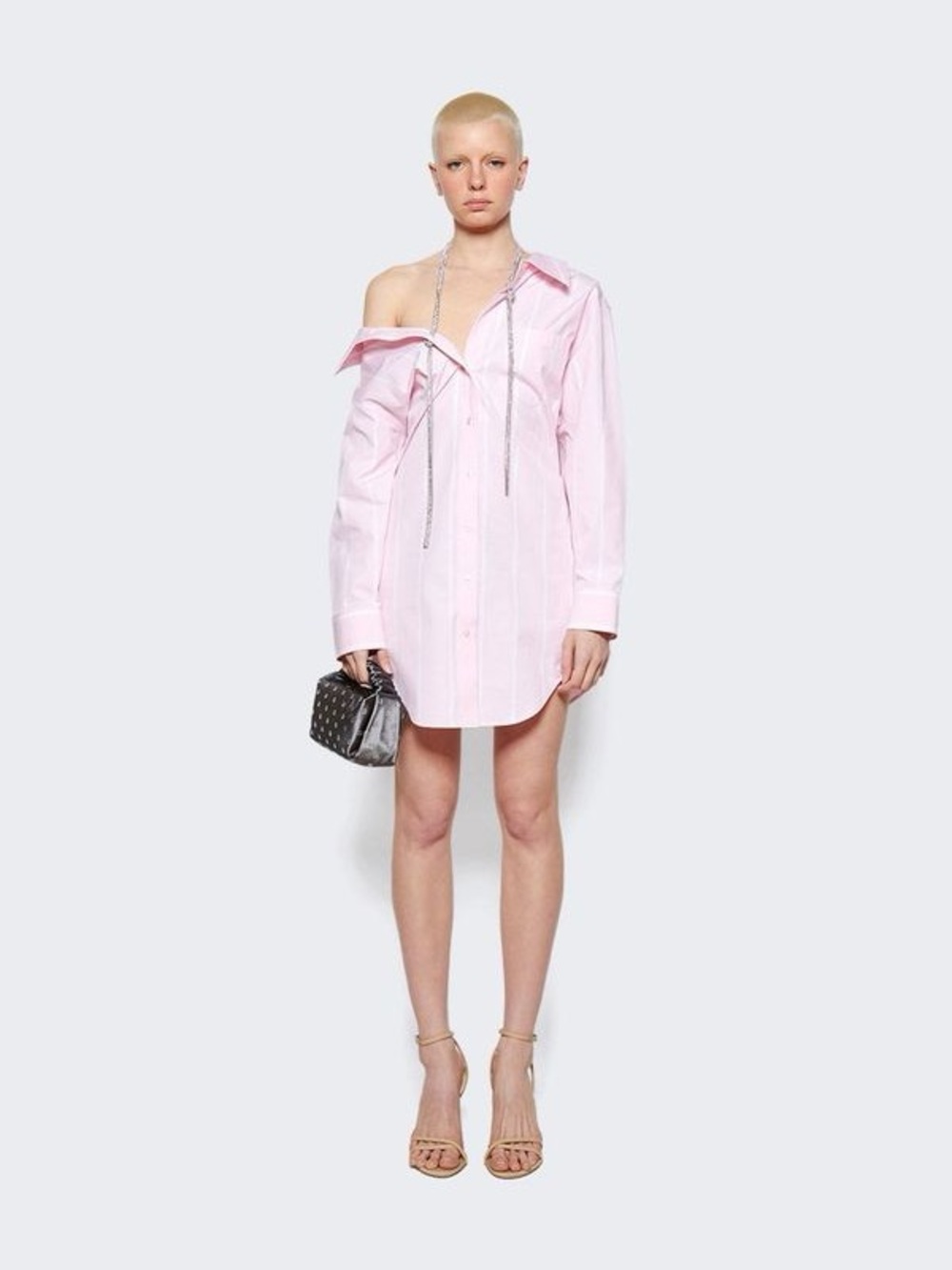 Alexander Wang Crystal Off The Shoulder Shirt Dress Light Pink Striped Size M